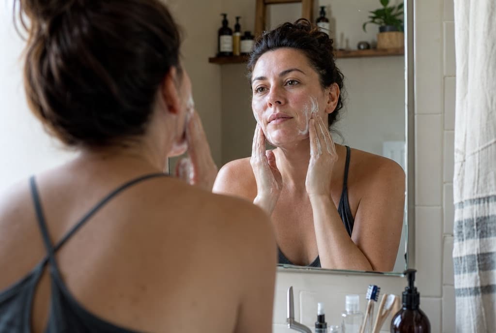 Rutina suave de cuidado facial frente al espejo