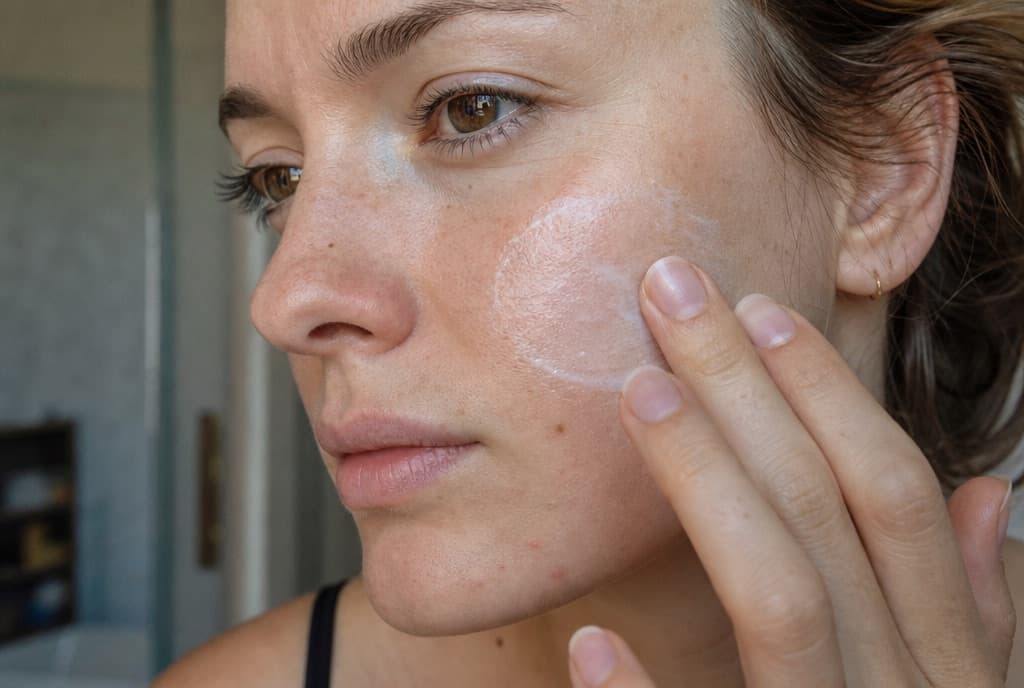 Applying sunscreen to the cheek in natural light