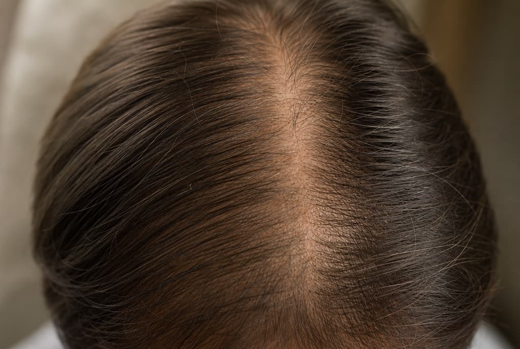 Coronilla con clareo incipiente, pelo apartado mostrando el cuero cabelludo