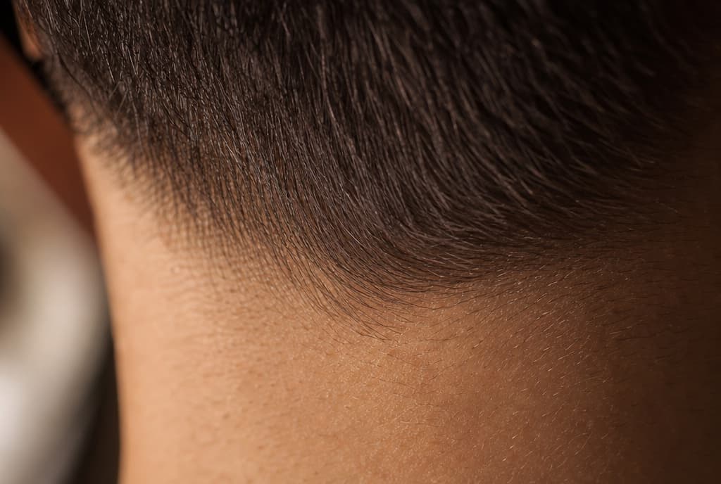 Pelo denso y sano de la nuca en primer plano