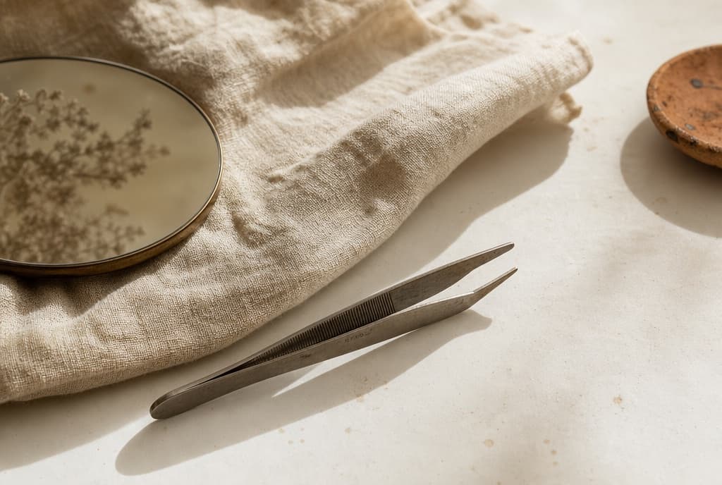 Vintage slanted tweezers on a linen cloth next to a small mirror