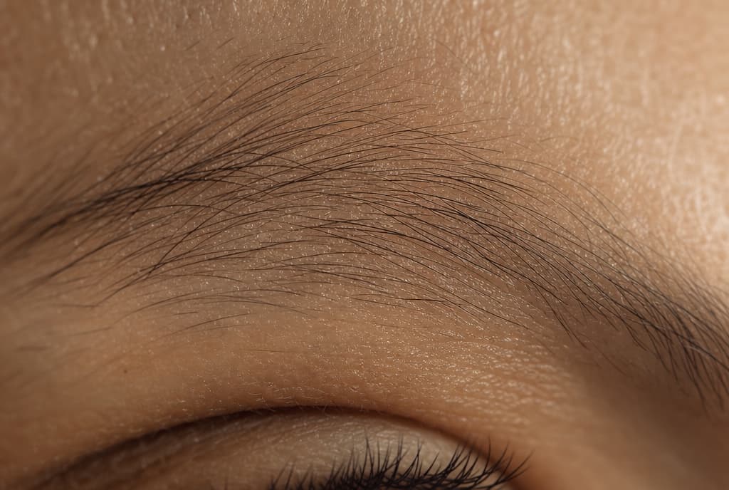Close-up of sparse eyebrow hairs with skin visible between them