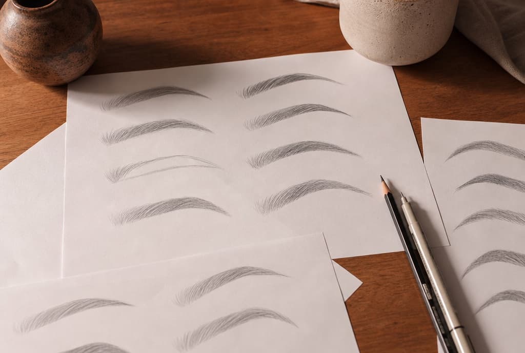 Pencil sketches of several eyebrow shapes and types on paper