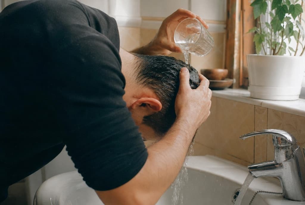 Hombre enjuagándose la cabeza con cuidado usando un vaso de agua sobre el lavabo