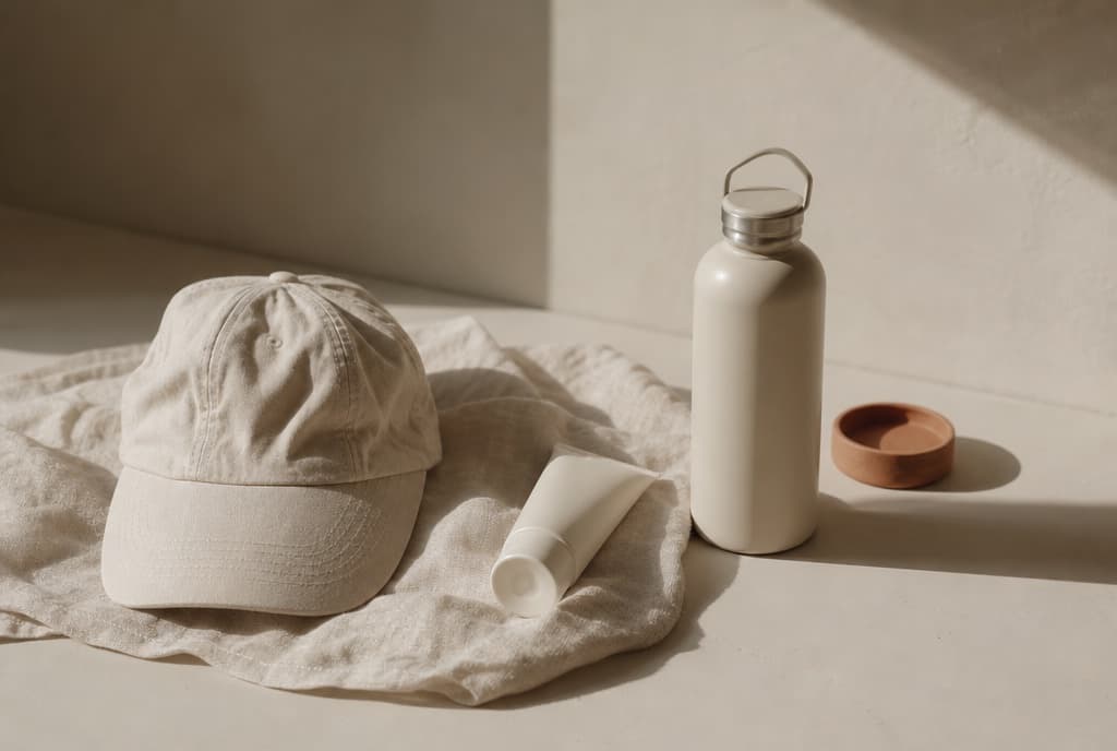 Gorra, protector solar y botella de agua sobre un paño de lino