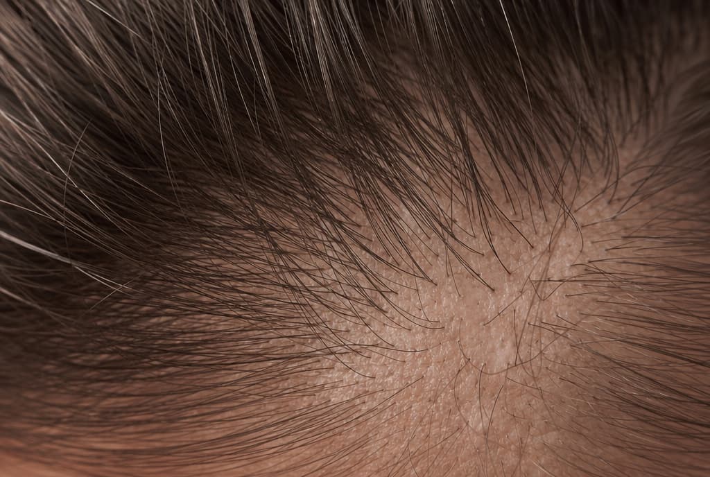 Primer plano de tallos de pelo y cuero cabelludo sano