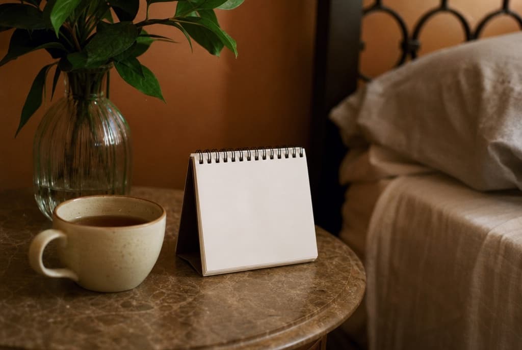 Calendario y taza de té en una mesita, ambiente de calma
