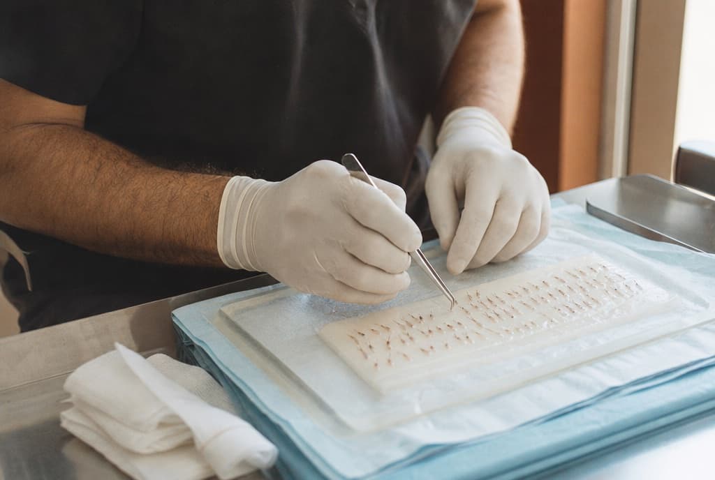 Manos con guantes organizando microinjertos foliculares en una bandeja estéril