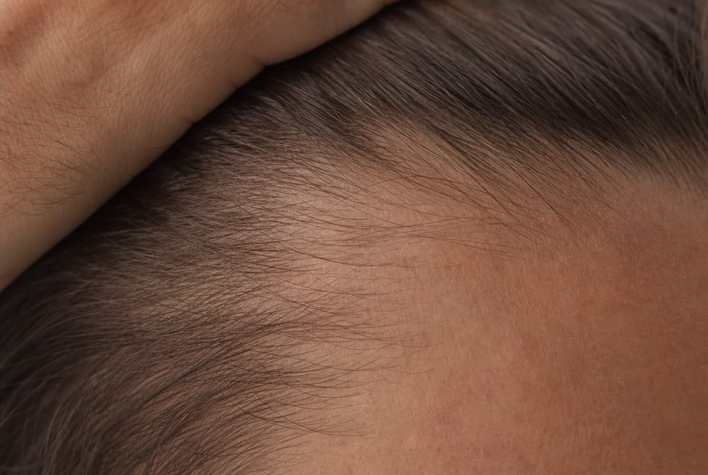 Primer plano de pelos sanos de una línea frontal mostrando su dirección natural