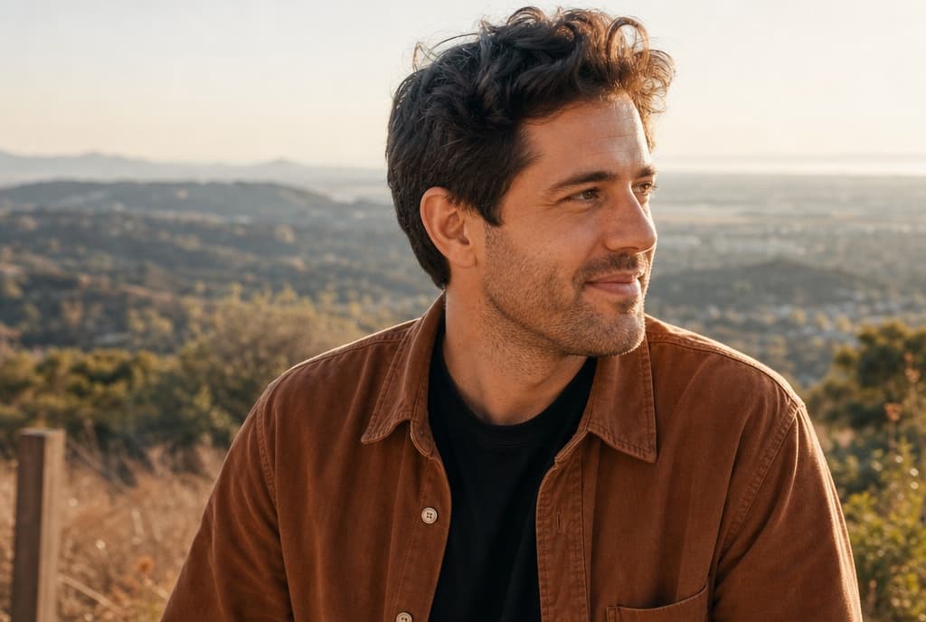 Hombre con pelo sano sonriendo al aire libre con luz dorada