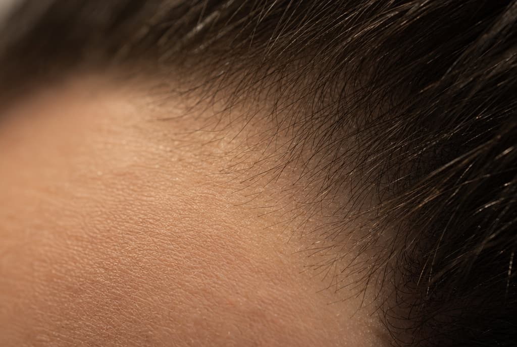 Pelos nuevos y cortos asomando en una línea frontal en primer plano