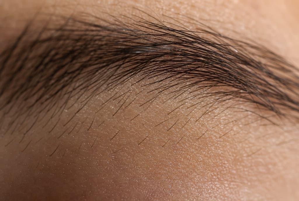Pelos nuevos y cortos creciendo entre pelos más largos en una ceja