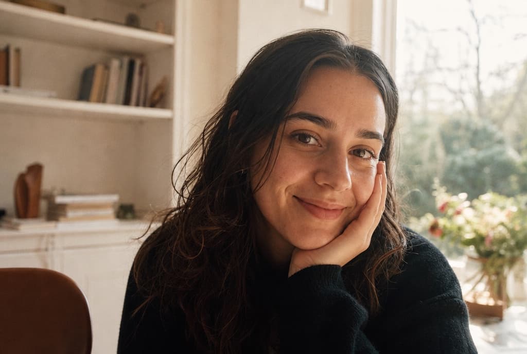 Mujer sonriendo suavemente al aire libre con cejas pobladas y naturales