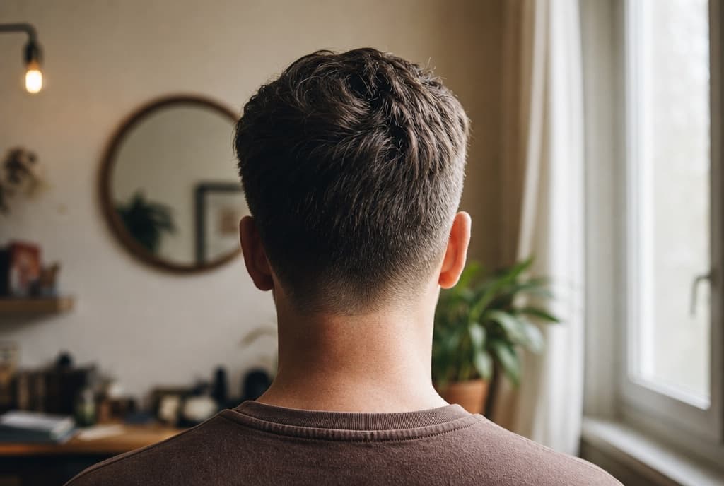 Parte posterior de la cabeza con pelo corto y sano junto a una ventana